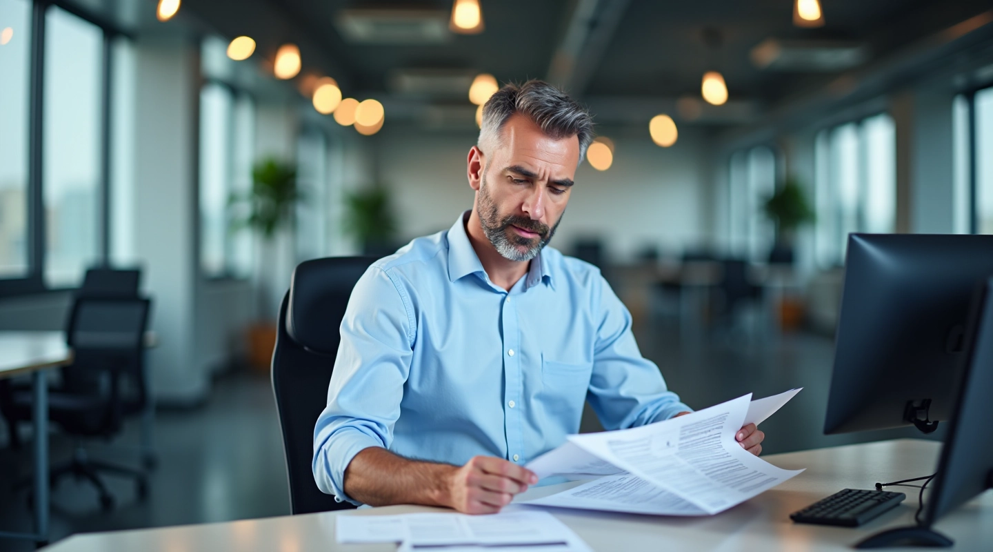 Manufacturing facility manager reviewing purchase order documents at desk with computer monitor